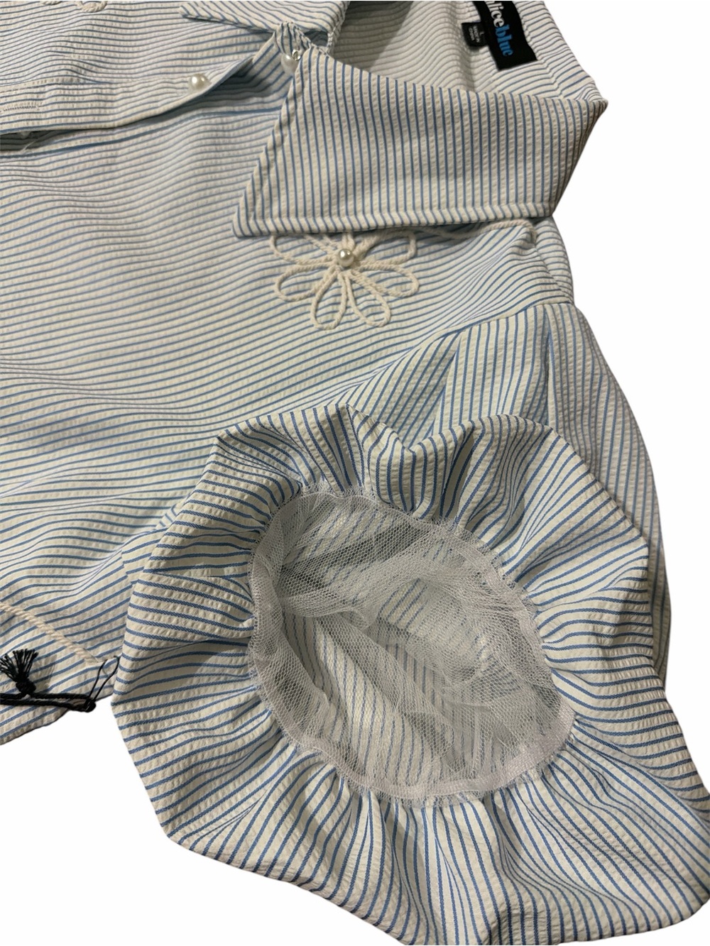 ALICE BLUE NWT Light Blue Stripes & White Puff Sleeve Cropped Pearl Button Shirt